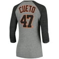 thumbnail image 3 of Women's 5th & Ocean by New Era Johnny Cueto Gray San Francisco Giants Script Name & Number Raglan Tri-Blend 3/4-Sleeve, 3 of 3