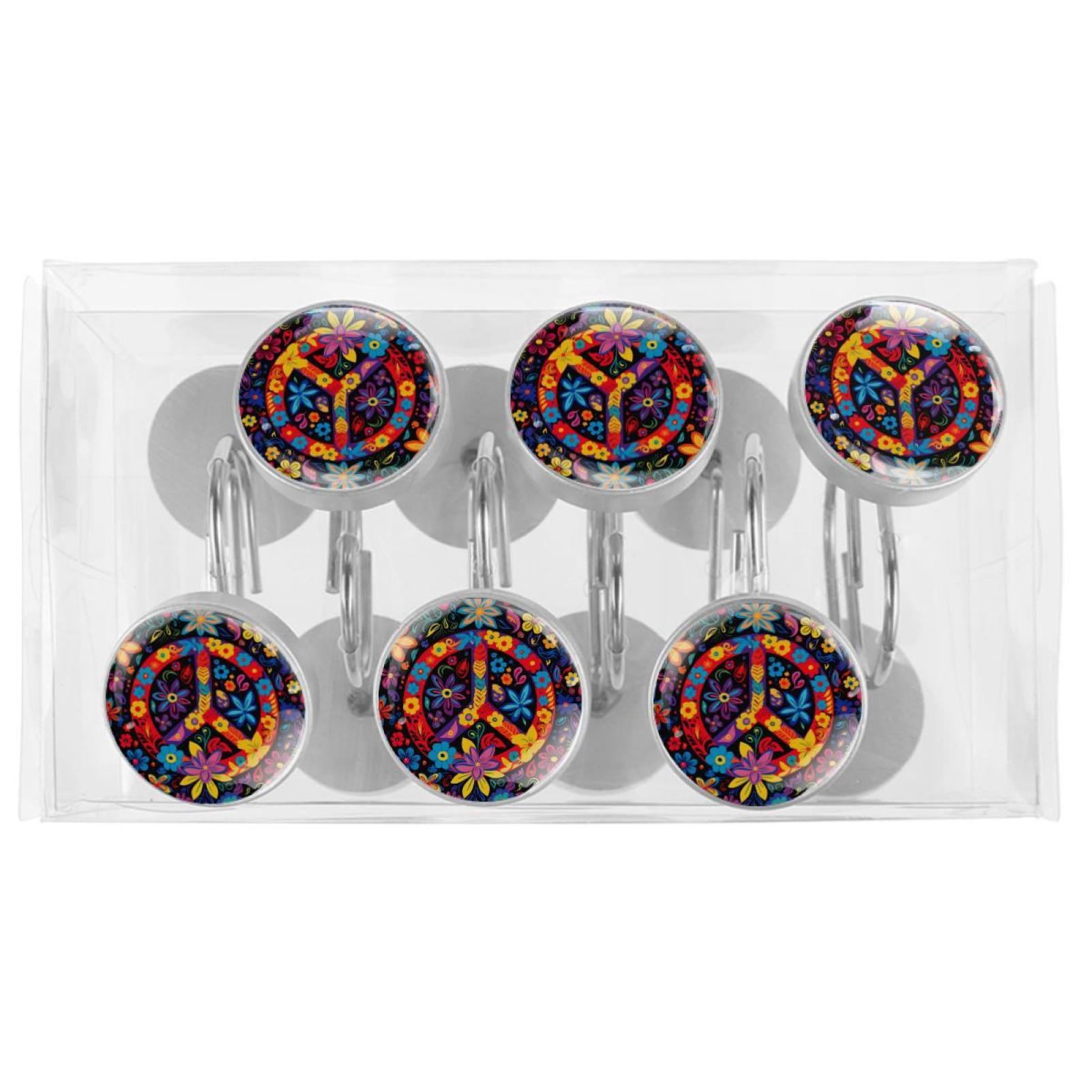 Peace Sign Shower Curtain Hooks （Set of 12） for Home Hotel Shower Rods Bathroom Crystal Glass Print Stainless Steel Round Curtain Hooks