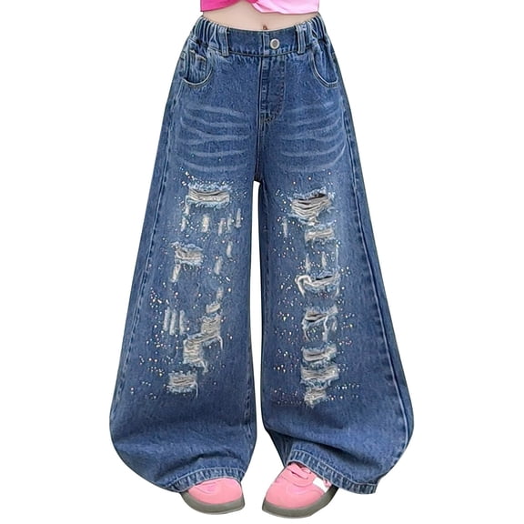 TIREOW Girls Wide Leg Ripped Jeans Elastic Waist Distressed Denim Trousers Fashionable Loose Casual Ripped Denim Pants