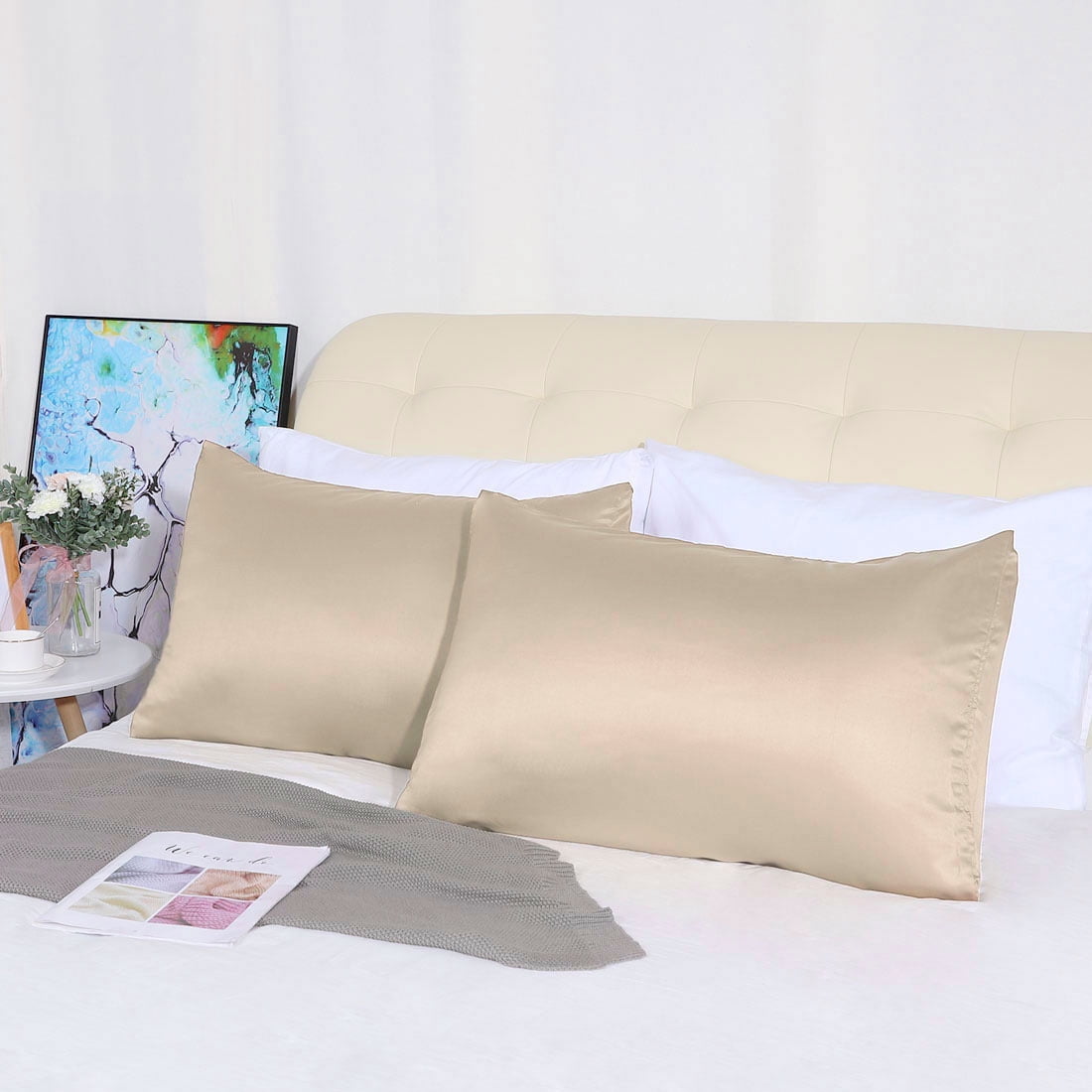 Unique Bargains 4 Pack Satin Pillowcases for Hair and Skin, Light Tan Queen