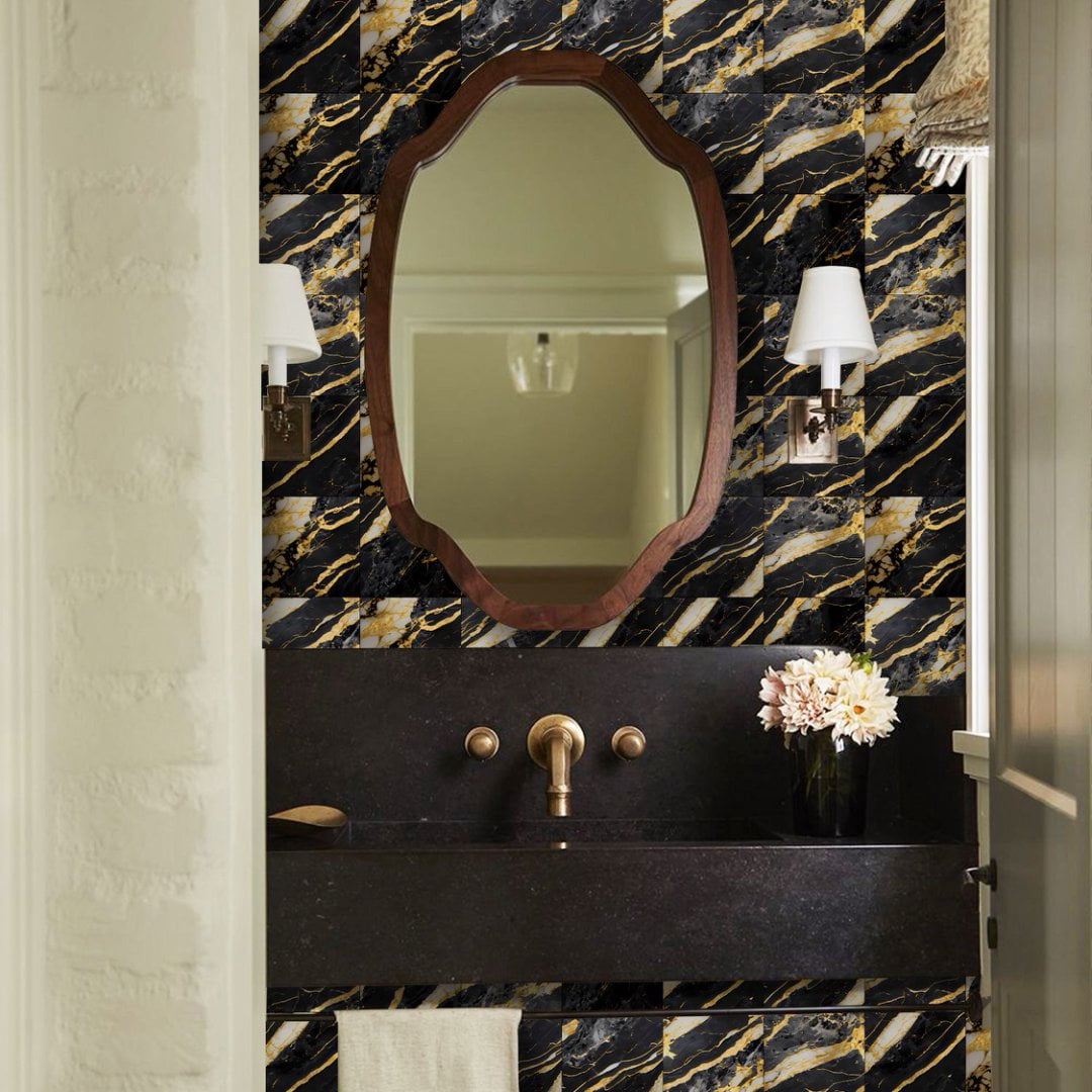16 Piece Black Gray Gold Tile Stickers PVC Backsplash 8" x 8" Marbling Wall Decals DIY Decor Kitchen Peel and Stick Waterproof Tile