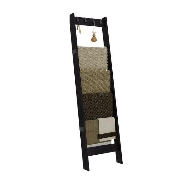 TRIFEBLE 6 Tier Blanket Ladder Shelf for Living Room and Bedroom, Ladder Holder with 4 Metal Hooks, 5.2ft Blanket Quilt Holder Rack, Farmhouse Ladder Rack for Storage and Home Decor, Black