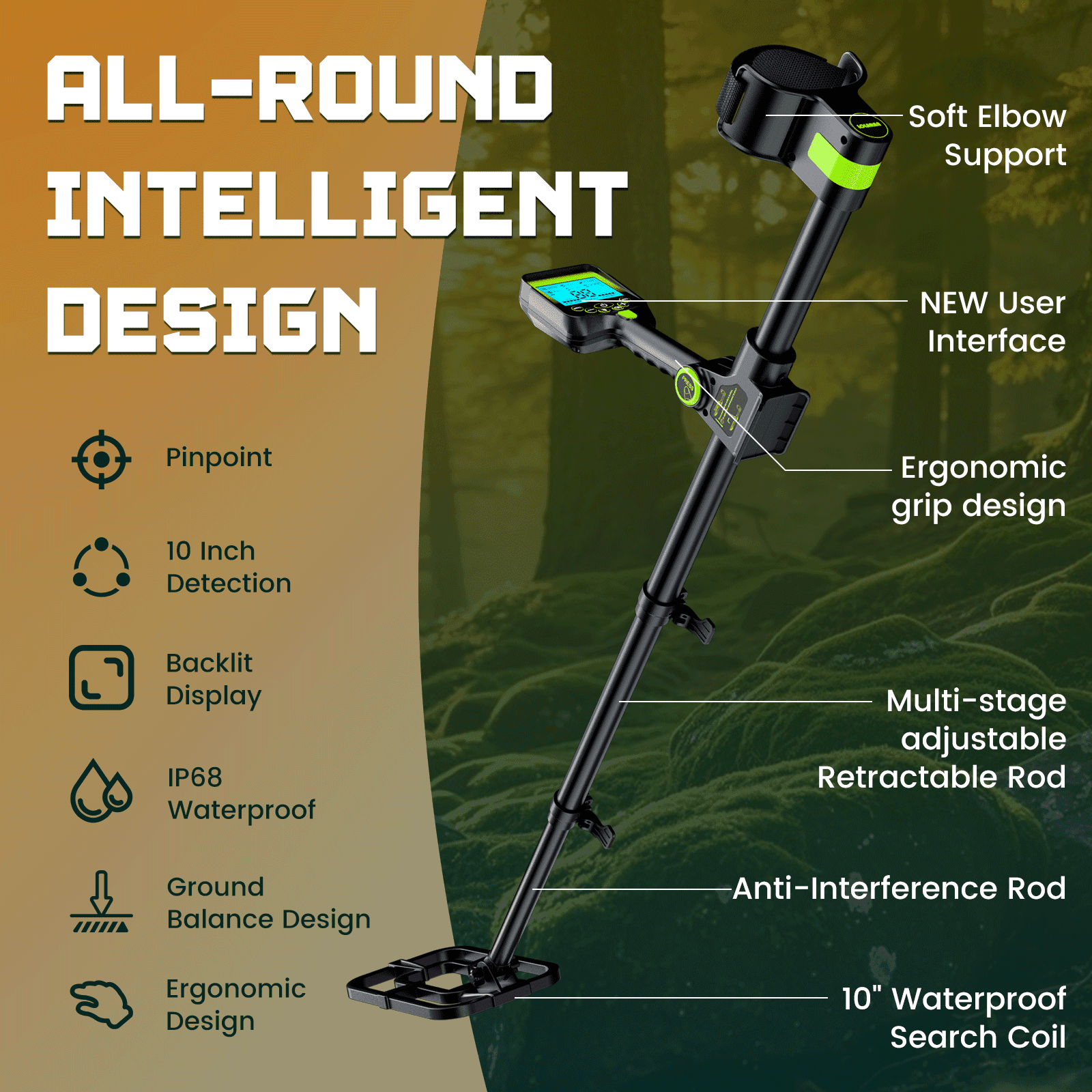 Metal Detector for Adults Waterproof - Adjustable Retractable Foldable Metal Detector Waterproof High Accuracy Gold Detector, Backlit LCD Display,Up to 20 Hours of Extended Runtime, Adjustable Retrac