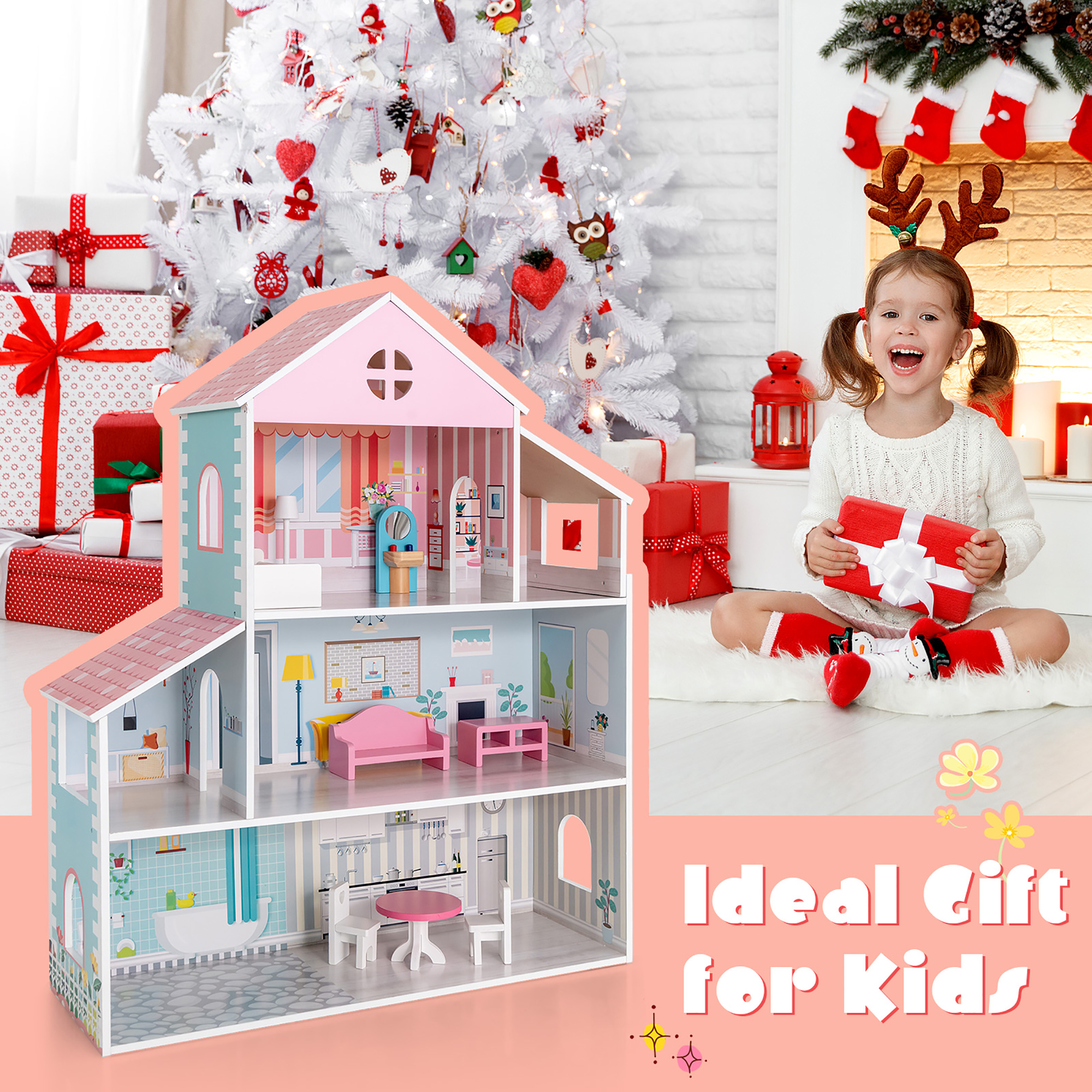 Costway Wooden Dollhouse 3-Tier with Furniture Set photo 5