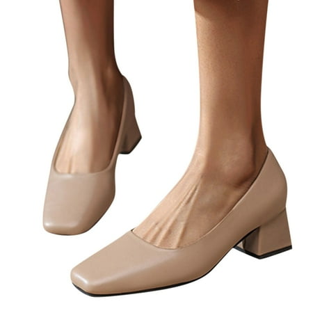 Oyedens Dress Shoe for Women Ladies Square Toe Leather Block Mid Heels Work Wedding Pump Shoes