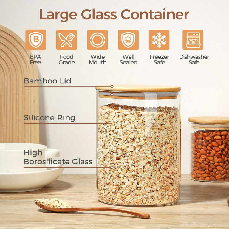 ComSaf 111 oz Glass Food Storage Containers, Glass Flour and Sugar  Containers with Airtight Lids, Large Square Glass Jars with Bamboo Lids for  Rice