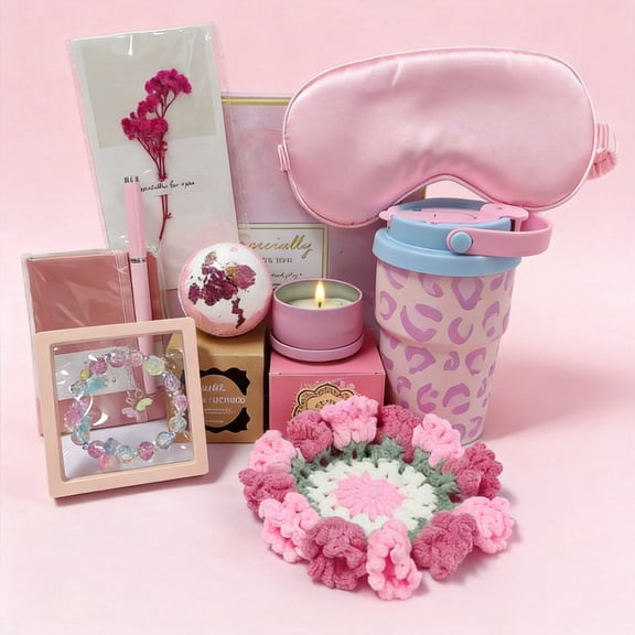 9pc Happy Birthday Gifts for Women Mom Friend, Pink Cheetah Mug Relaxing Spa Gift Basket Set, Self Care Get Well Gift for Her Sister