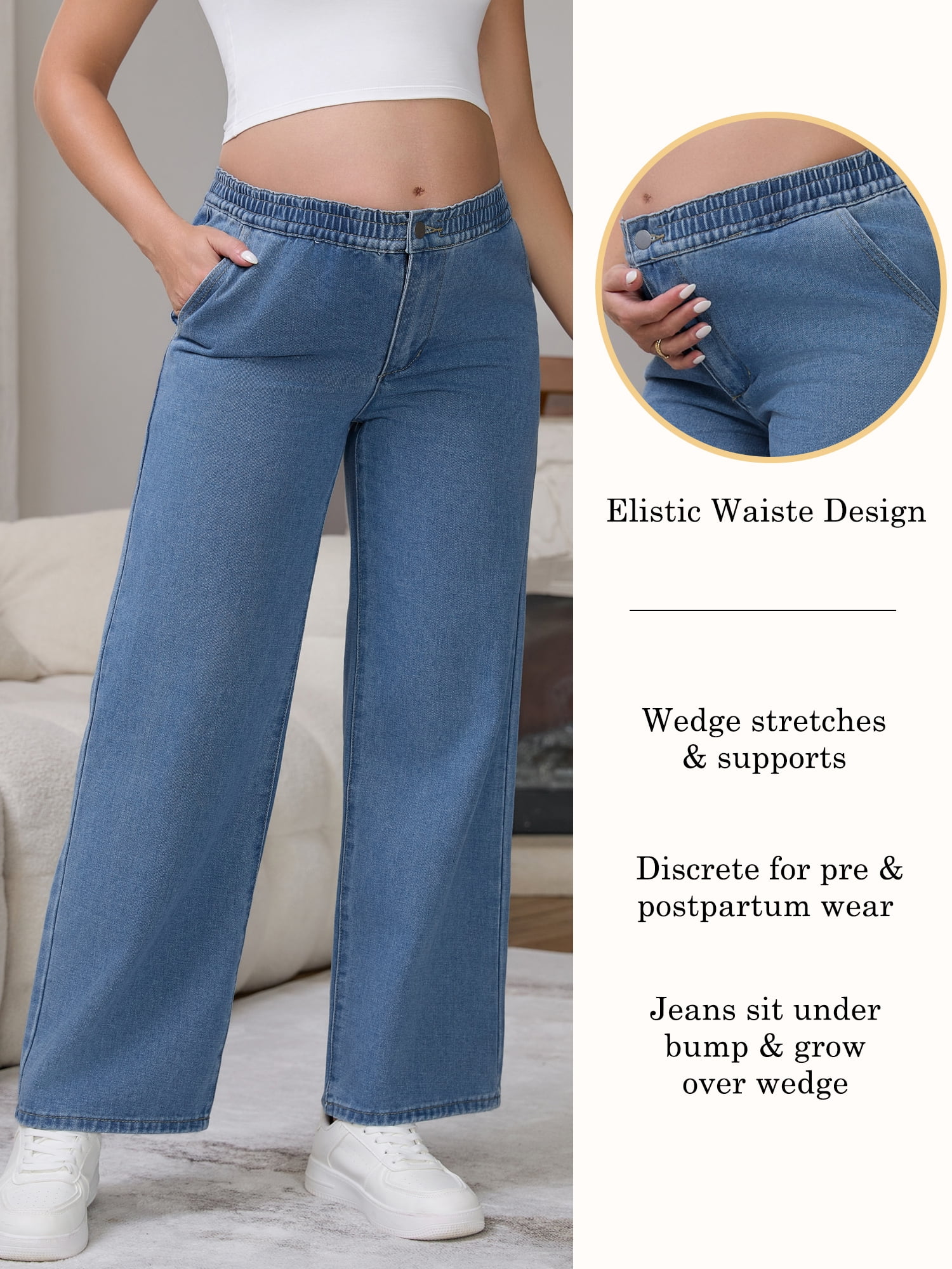 DARING DIVA Women's Maternity  Wide Leg Loose Middle Waist Denim Pants 2XL Blue