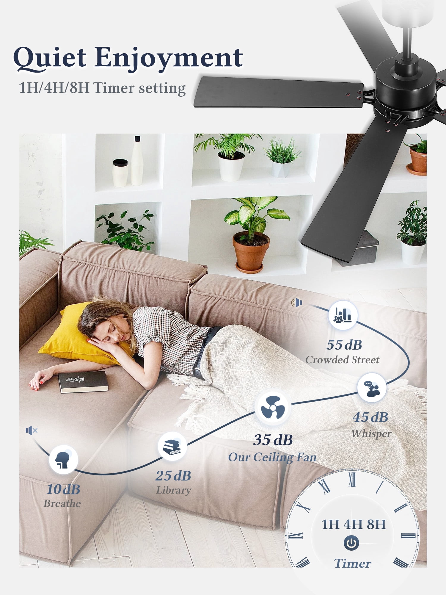 Lokivas 52in Modern Ceiling Fans with Light and Remote, 6 Speed Reversible DC Motor, Downrod Design for Bedroom, Living Room, Black