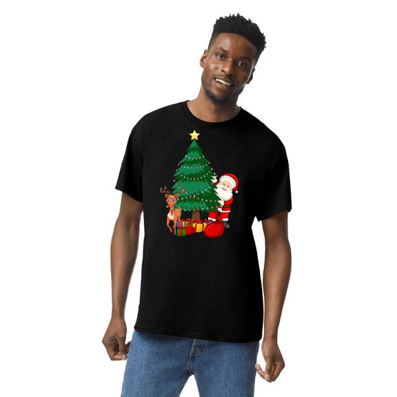 Gildan Heavy Cotton Christmas T-Shirt, Festive Santa Claus T-Shirt with Deer and Pine Tree Design for Men Classic fit Graphic Tees, Black S