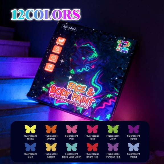 Direct Liquid UV 12 Color Tattoo Fluorescent Pen – Body Art Markers, Glow in Dark, Water Resistant – Set of 12 – 1box (duplicate with varied words)