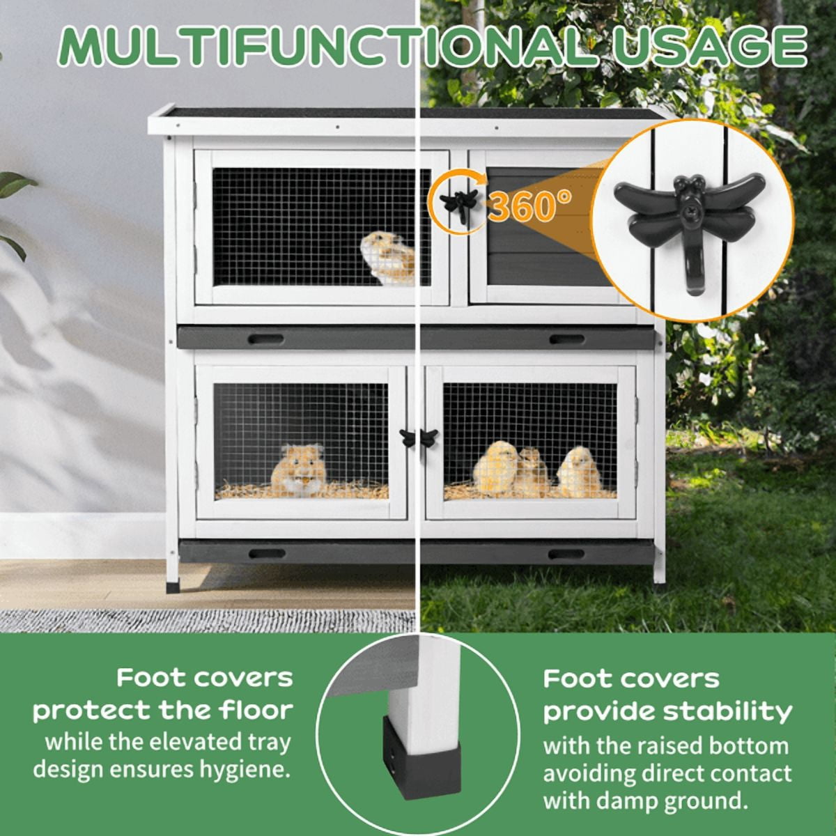 imerelez 2 Story Solid Wood Rabbit Hutch Bunny Cage with 2 Large Main Rooms, Indoor Outdoor Rabbit House Guinea Pig Cage Pet House for Small Animals with 2 Removable Trays, Grey