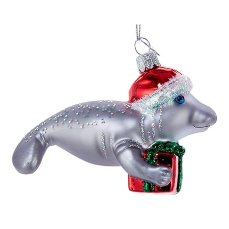 manatee wearing santa hat glass christmas holiday ornament manatee wearing santa hat glass christmas holiday ornament