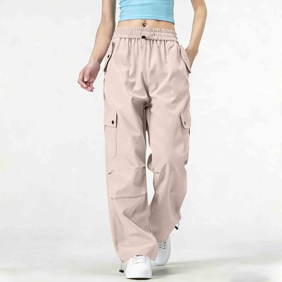 Cagogo Women's Elastic Waist Cargo Pants Casual Loose Flowy Streetwear Long Pants Travel Hiking Work Trousers Fashionable Drawstring, Khaki 2XL