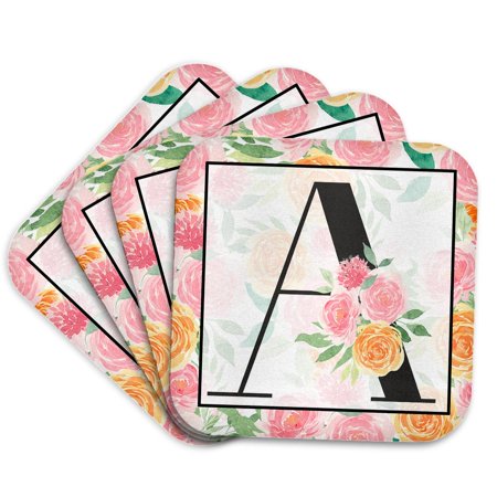 3drose, Pretty Pink Floral Monogram Initial A, Set of 4 Coasters - Soft