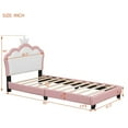 thumbnail image 3 of PU Leather Upholstered Platform Bed, Twin Size Wood Bed Frame with Crown-Shaped Headboard, Cute Platform Bed with Slats for Girls Boys, White+Pink, 3 of 7