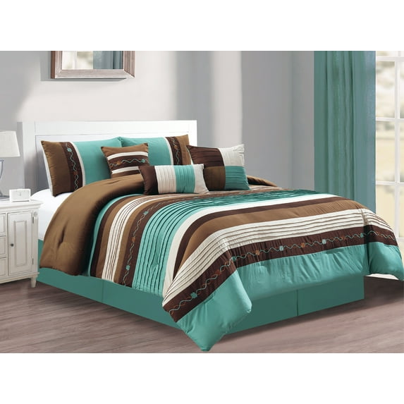 7-Pc Kenneth Pleated Stripe Frequency Wave Helix Embroidery Comforter Set Teal Coffee Beige Brown Queen