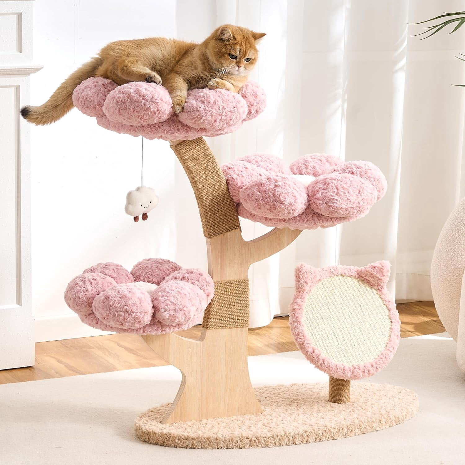 Modern Cat Tree Tower for Indoor Cats Large Adult, 37 inch Flower Cat Tree with Scratching Post, Luxury Aesthetic Cat Tree with Cloud-Soft Flower Perches and Physical Mouse-Sound Hanging Toy