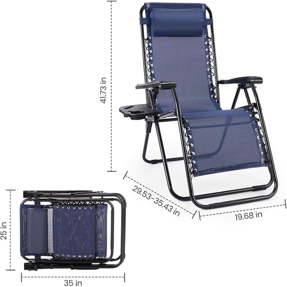 Zero Gravity Chairs, Set of 2 Portable Recliner Beach Camping Outdoor Folding Lounge Chair with Cup Holder Trays and Adjustable Pillow for Poolside, Garden, Backyard, Lawn (Blue)