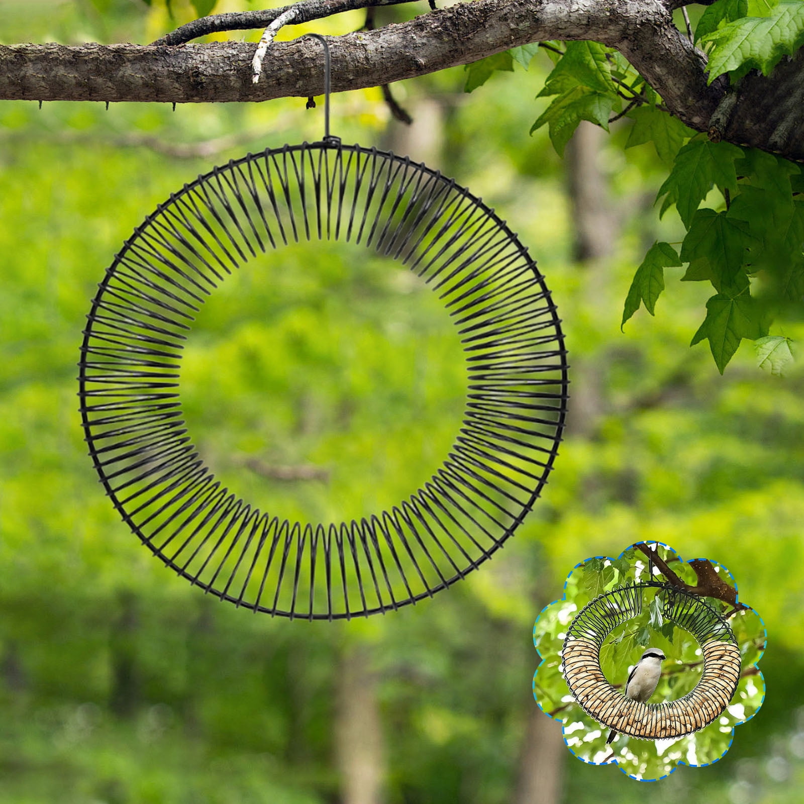 Peanut Bird Feeder, Hanging Wreath Round Metal Whole Wild Bird Feeder with Hanging Hook for Outdoor Birds and Squirrels Feeding （A）