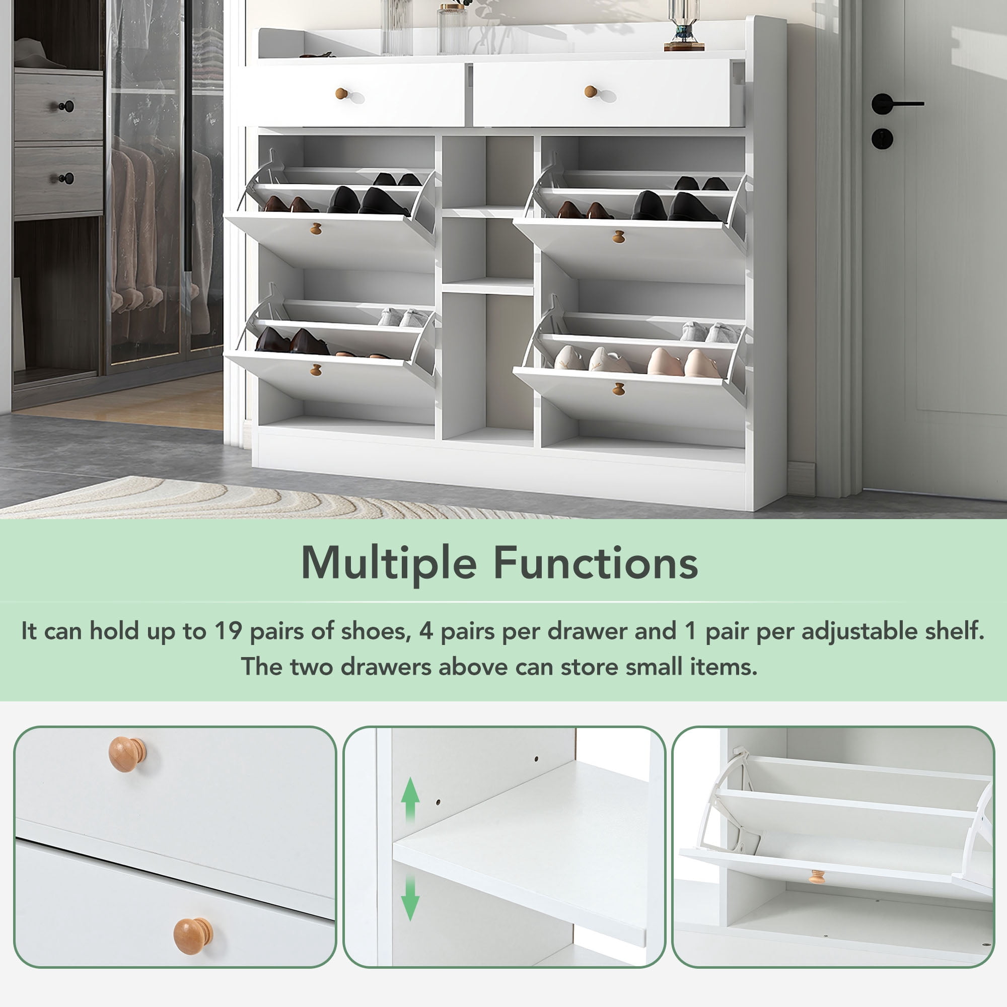 Aukfa Modern 4 Flip Drawers Shoe Cabinet for Entryway Free Standing Shoe Organizer - White