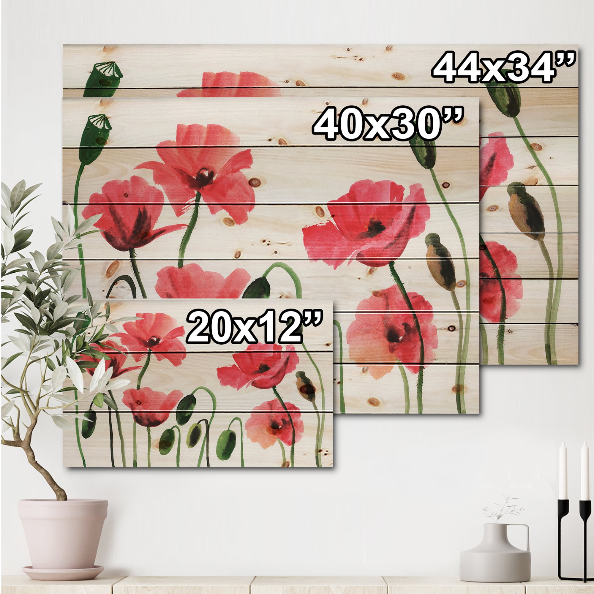 Designart 'Ancient Red Blooming Poppies' Traditional Print on Natural Pine Wood