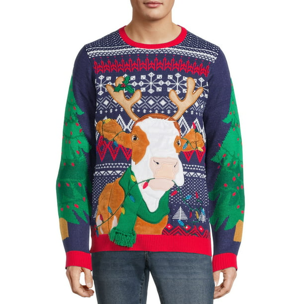 Holiday Time Men's & Big Men's Cow Reindeer Ugly Christmas Sweater ...