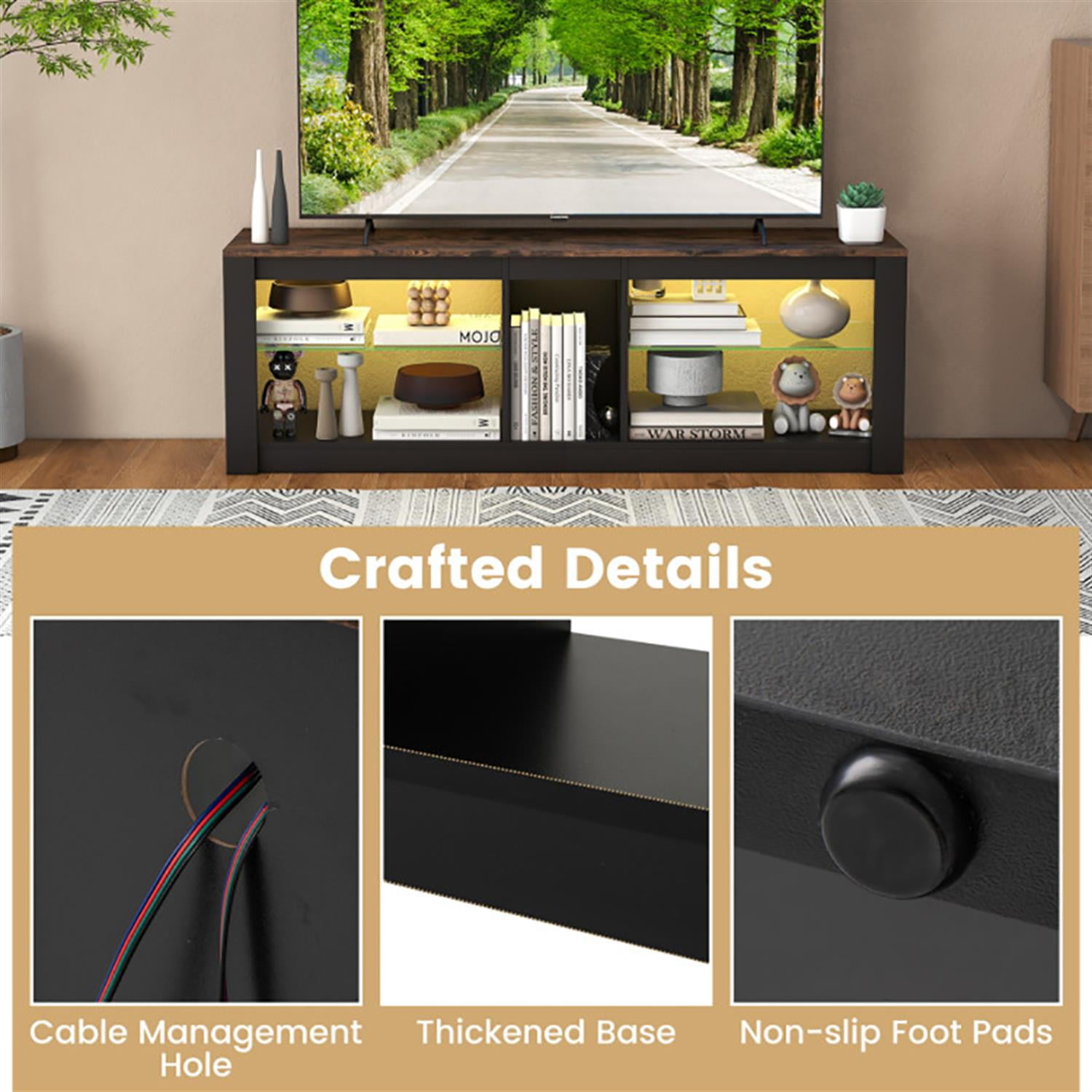 Demi Bonn TV Stand for 65" TVs, Entertainment Center with LED Light and Adjustable Shelves, Modern Media TV Console Table for Living Room Bedroom, Brown