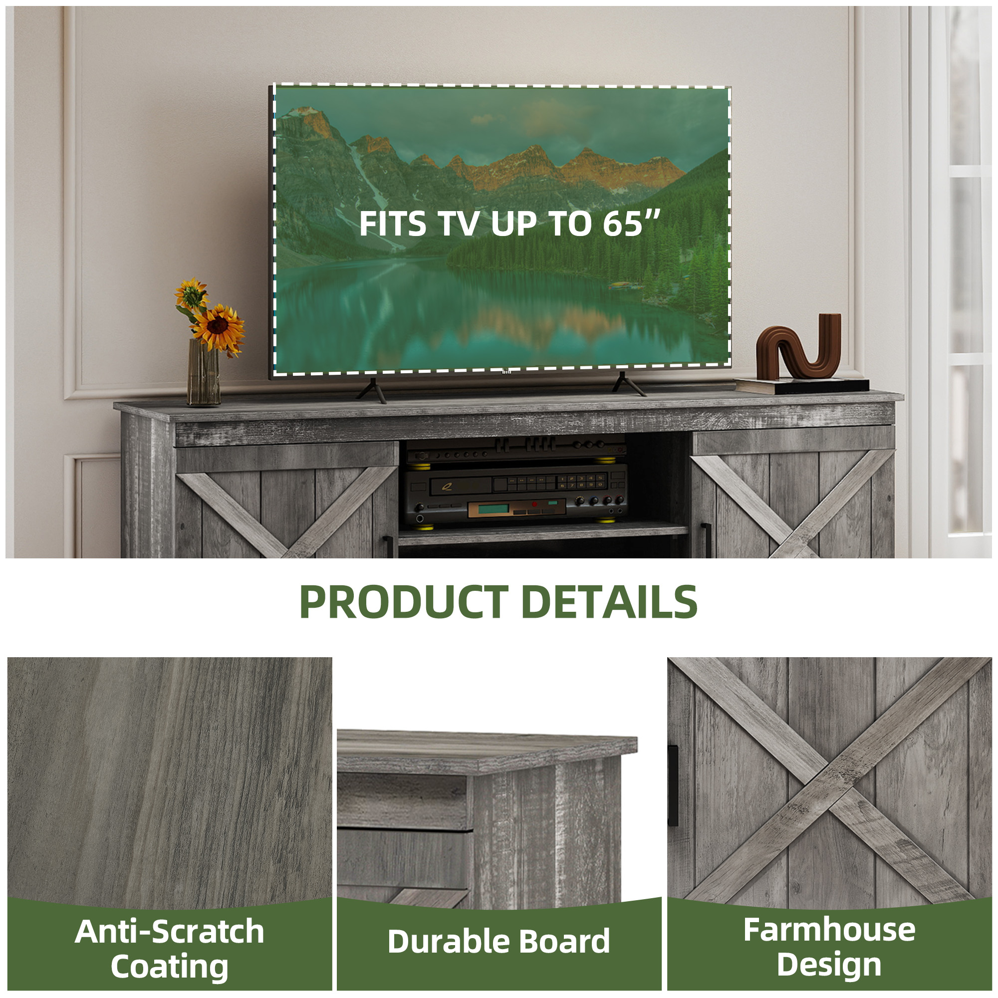 Uforic Farmhouse TV Stand with Barn Doors for 65" TVs photo 5