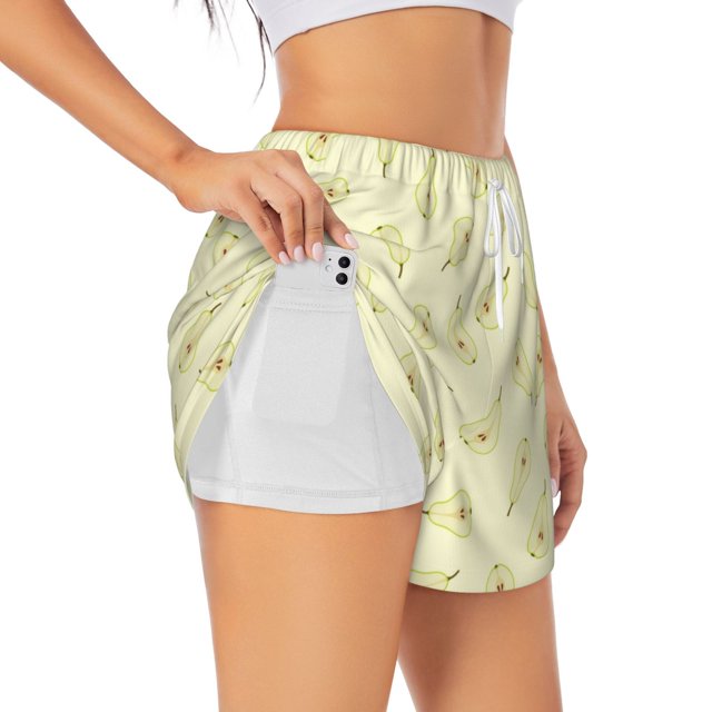 Balery Green Pears Pantalones cortos deportivos para mujer con forro y dos bolsillos, elásticos, para entrenamiento, gimnasio, yoga-Large