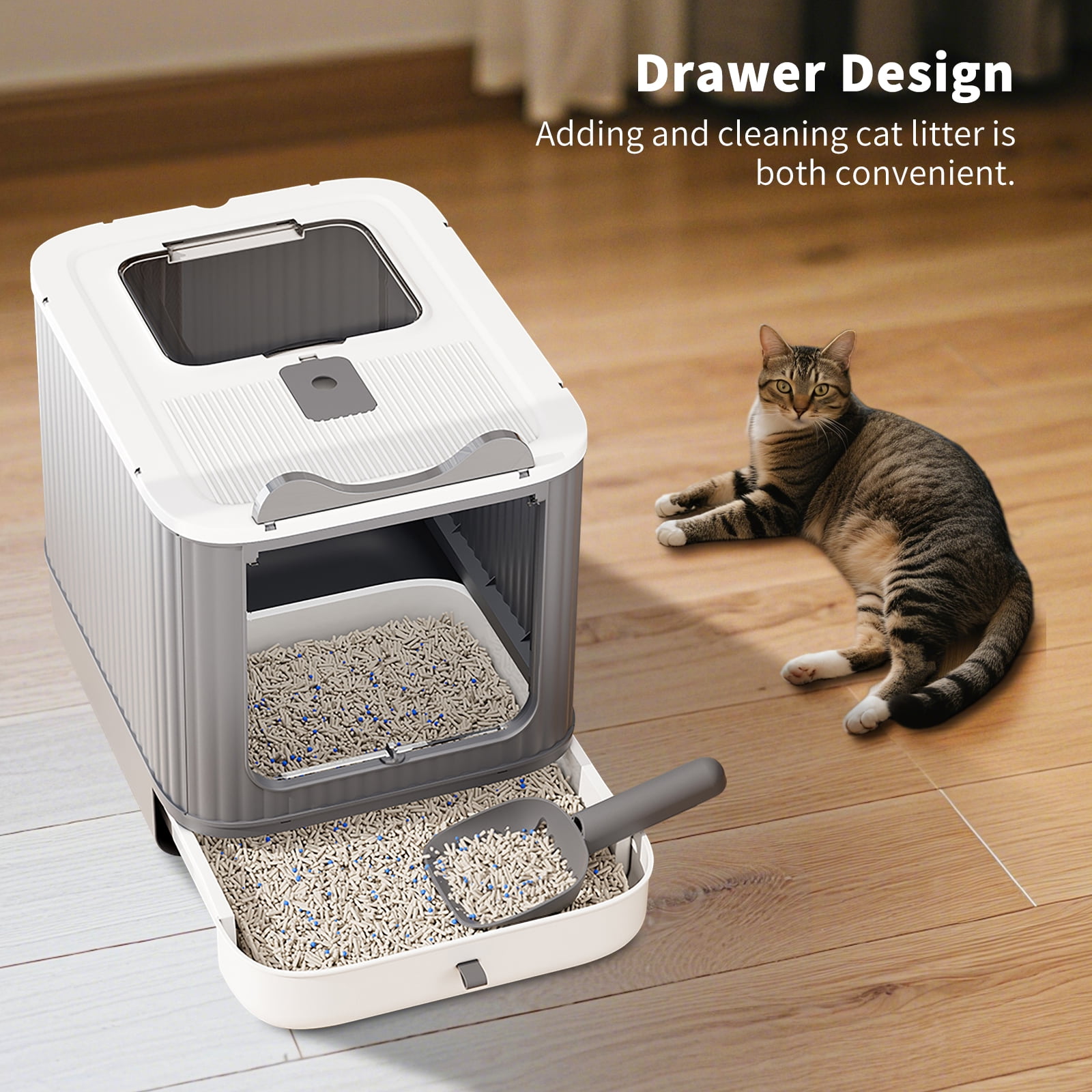 Large Capacity Cat Litter Box, Deodorizing Cat Litter Box with Tray And Shovel, Splashproof Design, Fully Enclosed Structure, Odor Isolation, Foldable Design, Equipped with Shovel, Deodorizer Bag