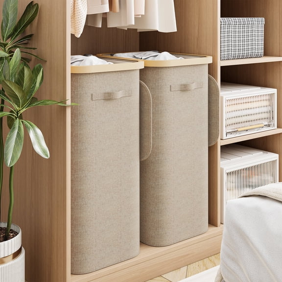 BGTREND 2Pack Slim Laundry Hamper with Lid 85L Foldable Clothes Basket with Removable Mesh Bag & Handle for Closet Bathroom Bedroom (Beige)