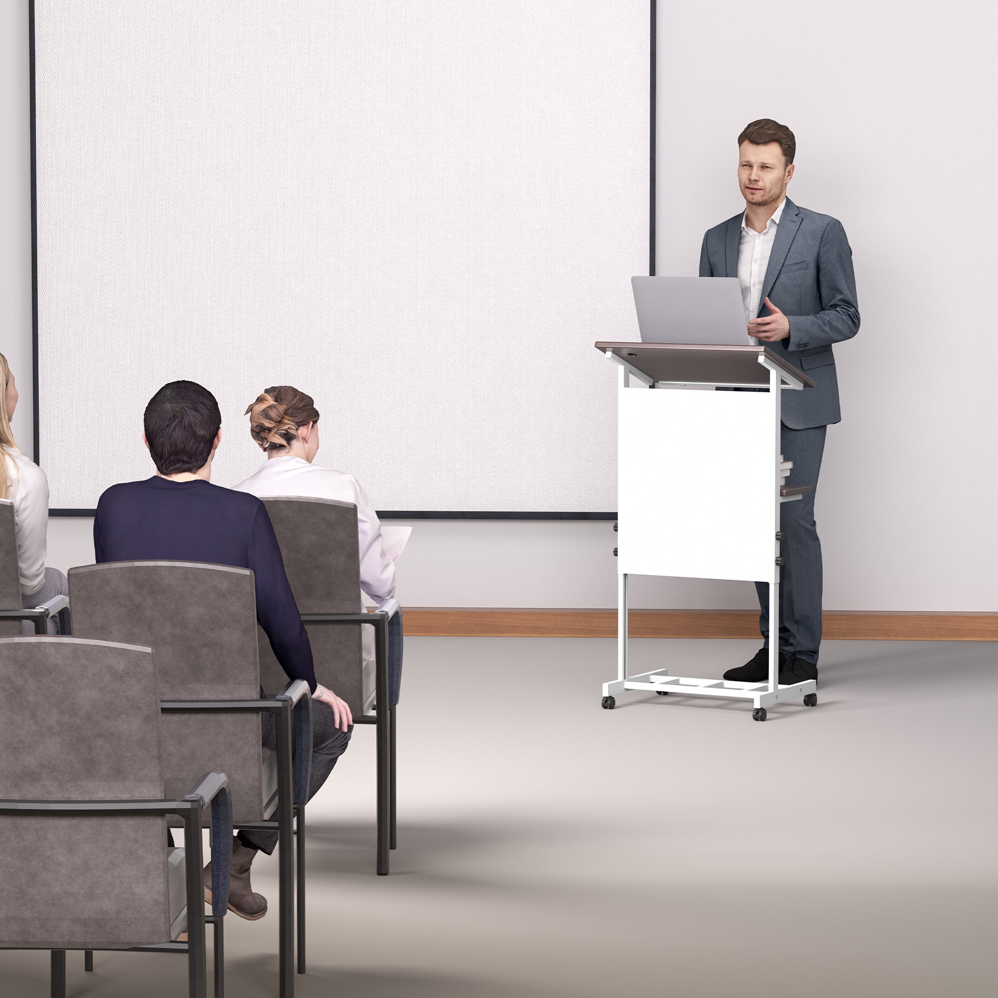Portable Podium Stand with Wheels, Height Adjustable Lecture Podium With Shelf Cup Holder & Wire Hole, Mobile Pulpit For Churches, Meetings, Speeches, Classrooms, White