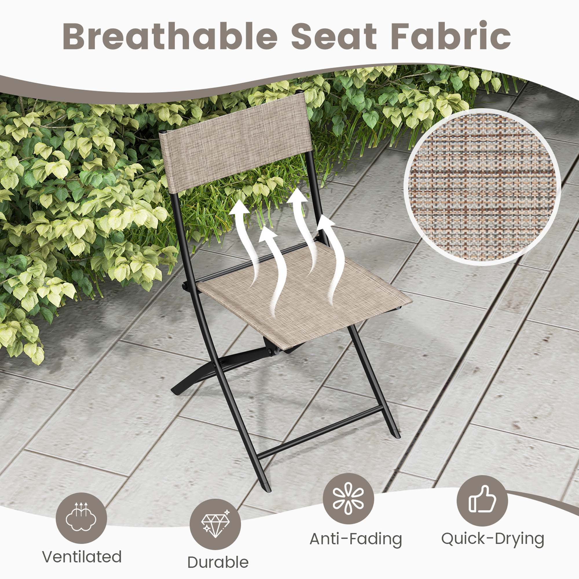 Costway Patio Metal Outdoor Camping Breathable and Lightweight Folding Chairs, Coffee (Set of 4)