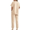 thumbnail image 4 of Lovskoo Outfits for Women 2 Piece Lounge Sets Short Sleeve Round-Neck Side Zipper Blouses with High Waisted Joggers Pants Set Beige 2XL, 4 of 9