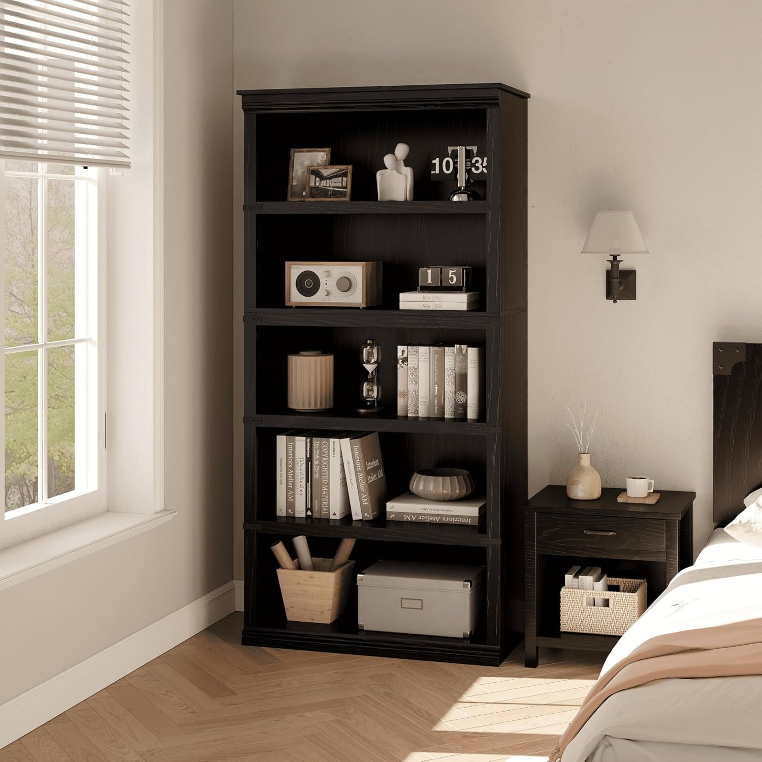 5 Tier Farmhouse Bookcase, 67.4" Tall Book Shelf with Storage, Wooden Bookshelves 5 Shelf Display Shelves for Home Office(67.4" H x 31.5" W x 12.8" D) (Black, 67.4" H x 31.5" W x 12.8" D)