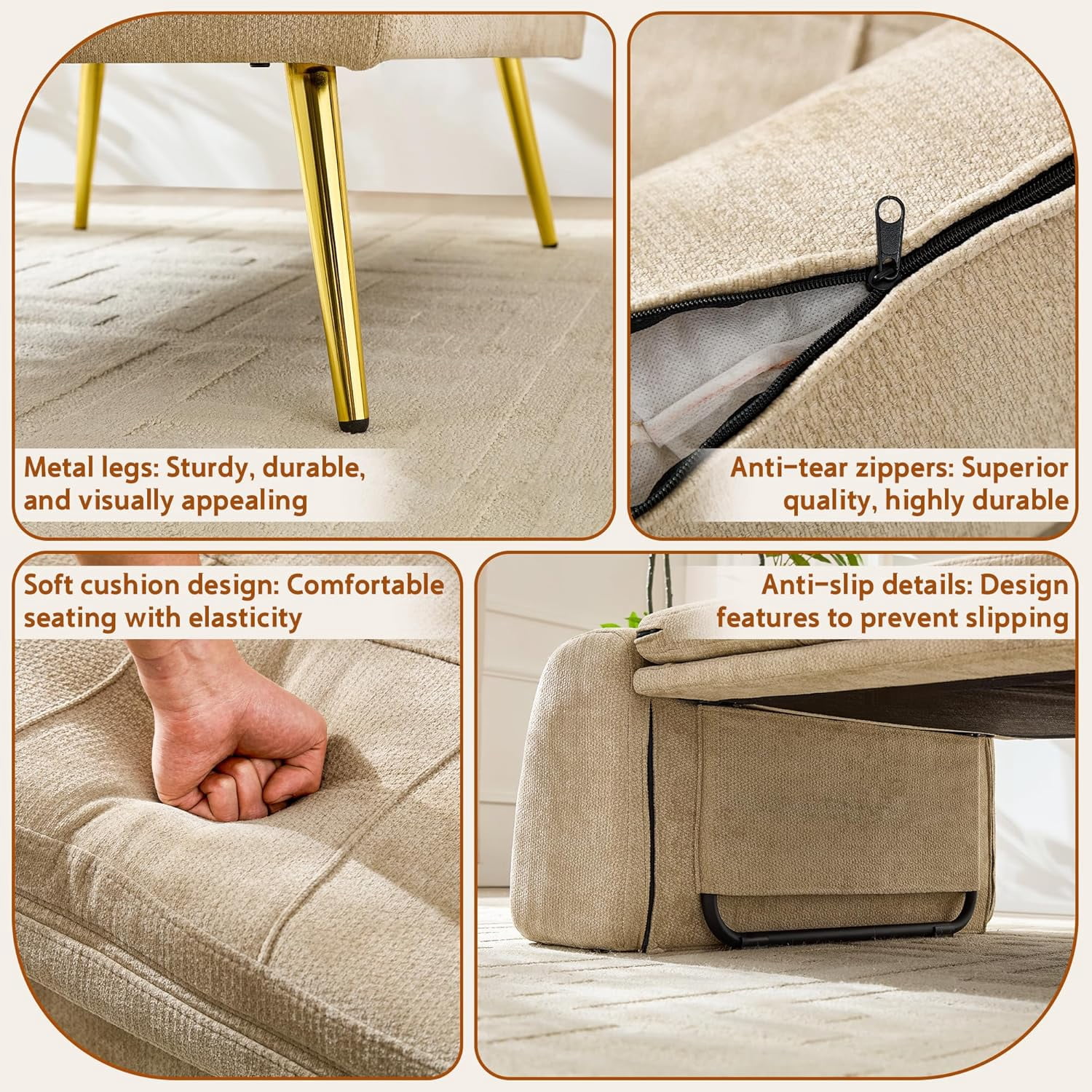 Akaber 3-in-1 Futon Sofa Bed, Chenille Sleeper Chair with Back Support & Pillow, Wood Frame, Metal Legs