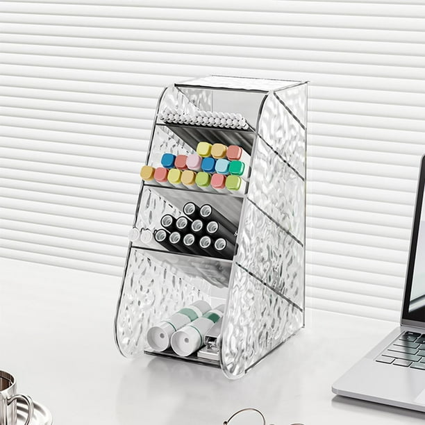Organizador De Escritorio Transparente Con Diseño Inclinado, Portalápices Multifuncional Para Guardar Artículos De Oficina, Color Blanco