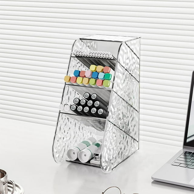 Organizador De Escritorio Transparente Con Diseño Inclinado, Portalápices Multifuncional Para Guardar Artículos De Oficina, Color Blanco