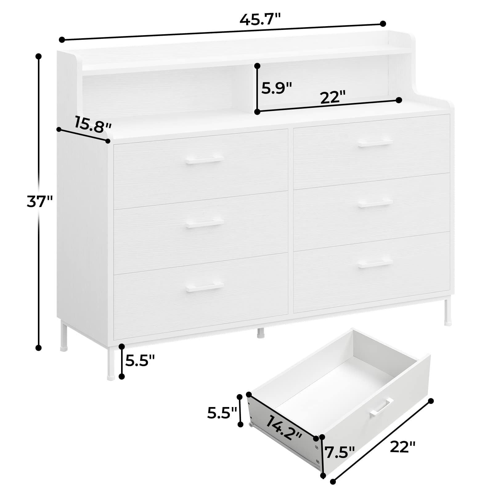 6 Drawers Double Dresser with Shelves for Bedroom, Modern Chest of Drawers Storage Tower Organizer for Living Room Entryway, White