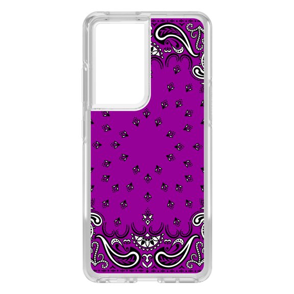DistinctInk Clear Shockproof Hybrid Case for Galaxy S21 ULTRA 5G (6.8" Screen) - TPU Bumper, Acrylic Back, Tempered Glass Screen Protector - Bandana Print - Purple, Black, White