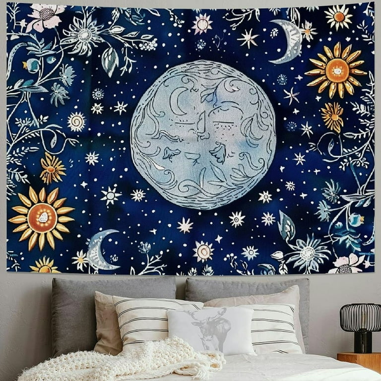 BCIIG Wall Tapestry Bohemian Floral Vine Tapestry Wall Hanging Celestial Sun Moon and Star Tapestries Hippie Home Decor Boho Tapestry for Bedroom Aesthetic Dark Blue Medium Painting Walmart