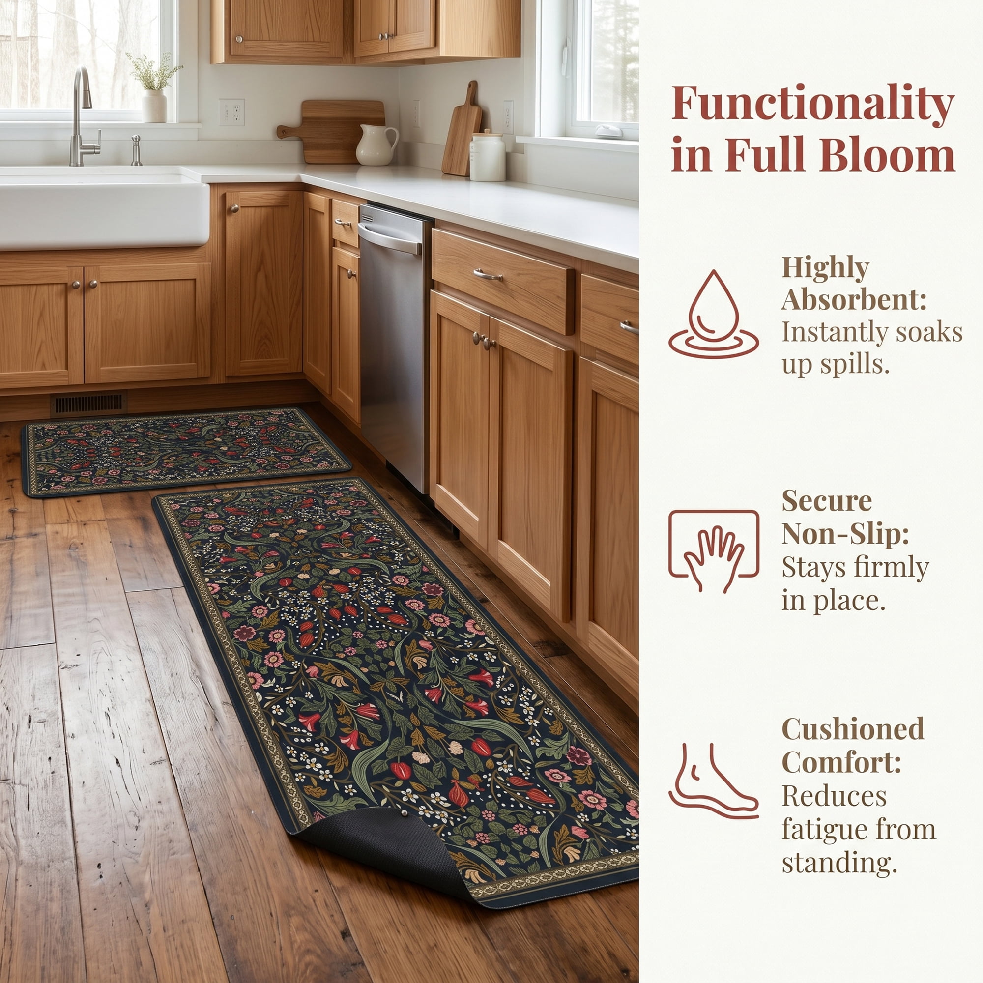 Unique Bargains 2Pcs Non-Slip Absorbent Runner Rug Set Green Flower 24" x 16" 47" x 16"