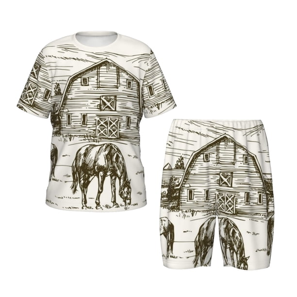 Balery Horses Grazing On Meadow Conjunto de Pijama Infantil de Manga Corta con Estampado – Ropa de Dormir de Algodón Suave-4X-Large
