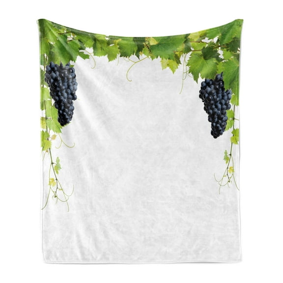 Vineyard Soft Flannel Fleece Throw Blanket, Wine Leaf with Loose Bunch of Large Berries Tannin Breed French Village Image, Cozy Plush for Indoor and Outdoor Use, 60" x 80", Green Black, by Ambesonne