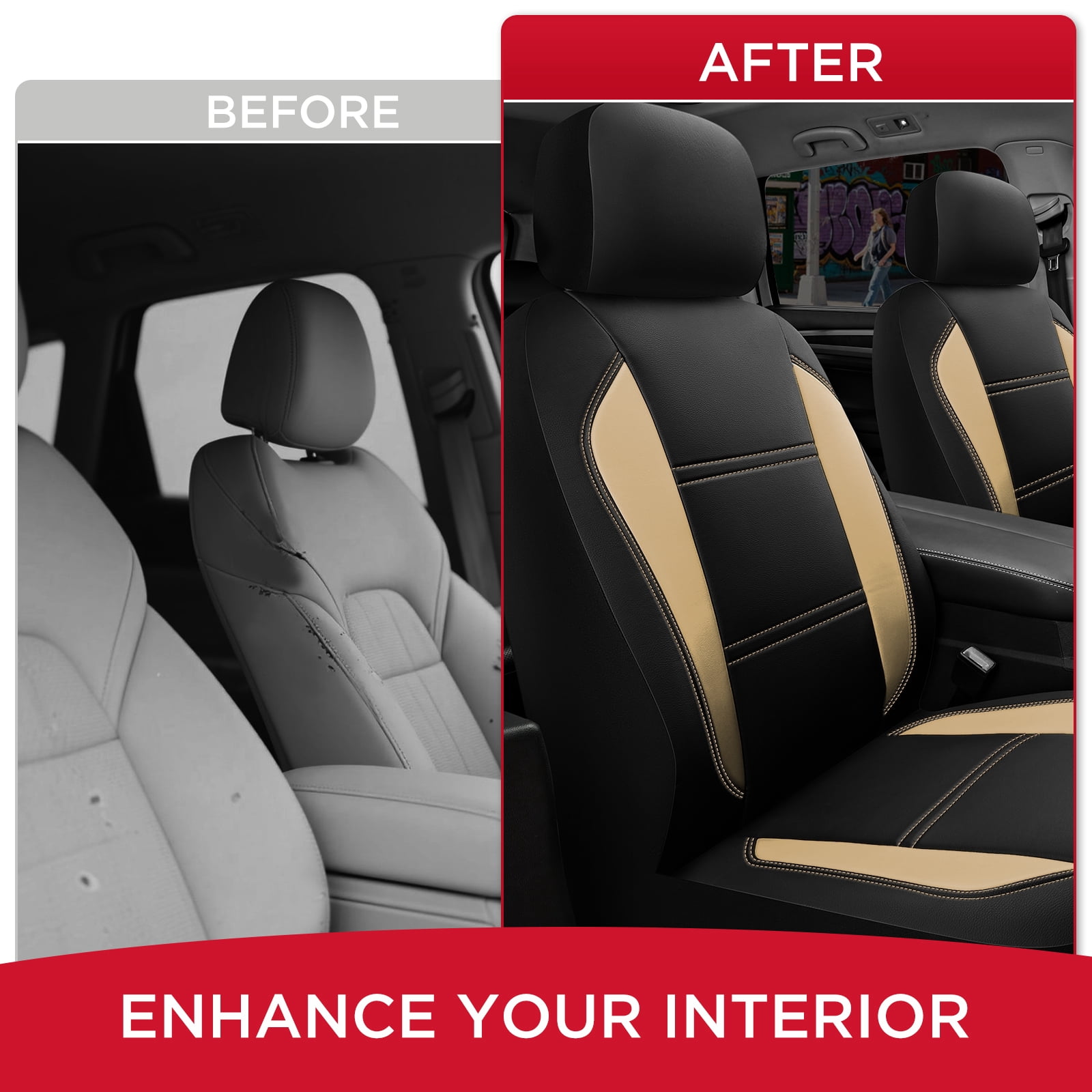 Rubbermaid Leather Car Seat,Sport-Style Car Seat Cover,Breathable,Easy to Clean,Universal Fit for Cars,Trucks and SUVs Beige