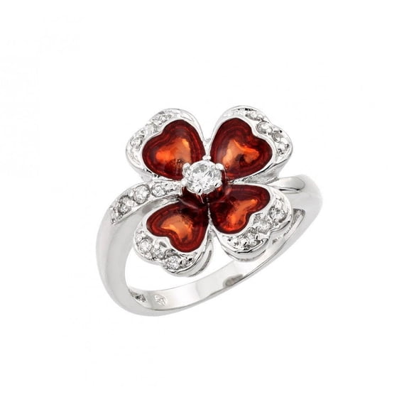 Sterling Silver 925 Rhodium Plated Clear & Red Heart Clover Ring White CZ Jewelry Female Size 9