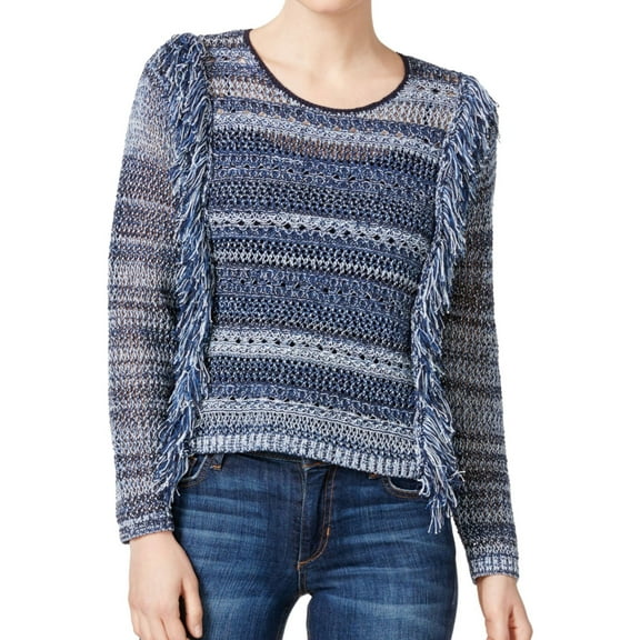 Rachel Roy Womens Printed Fringe Knit Sweater, Blue, Small