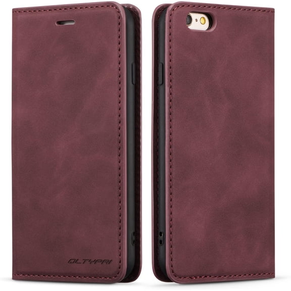 QLTYPRI iPhone 6 Plus/6S Plus Cellular Phone Case, PU Leather Cover with Card Holder, Magnetic Shockproof Flip Wallet Case - Wine Red