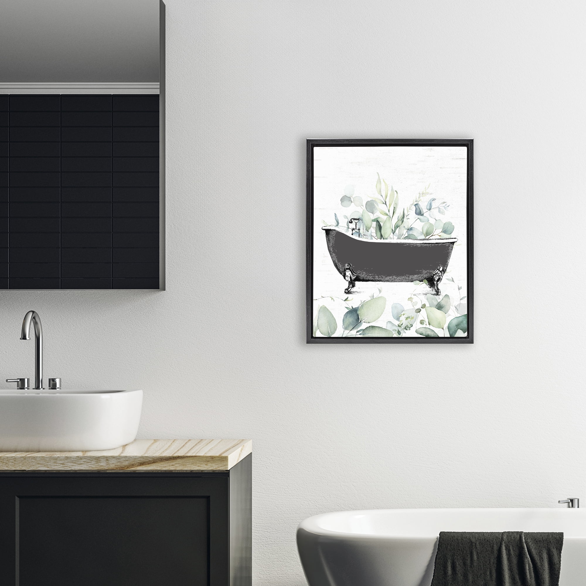 Eucalyptus Leaves Bathtub Black Framed Floater Canvas Wall Art, design by Lettered and Lined